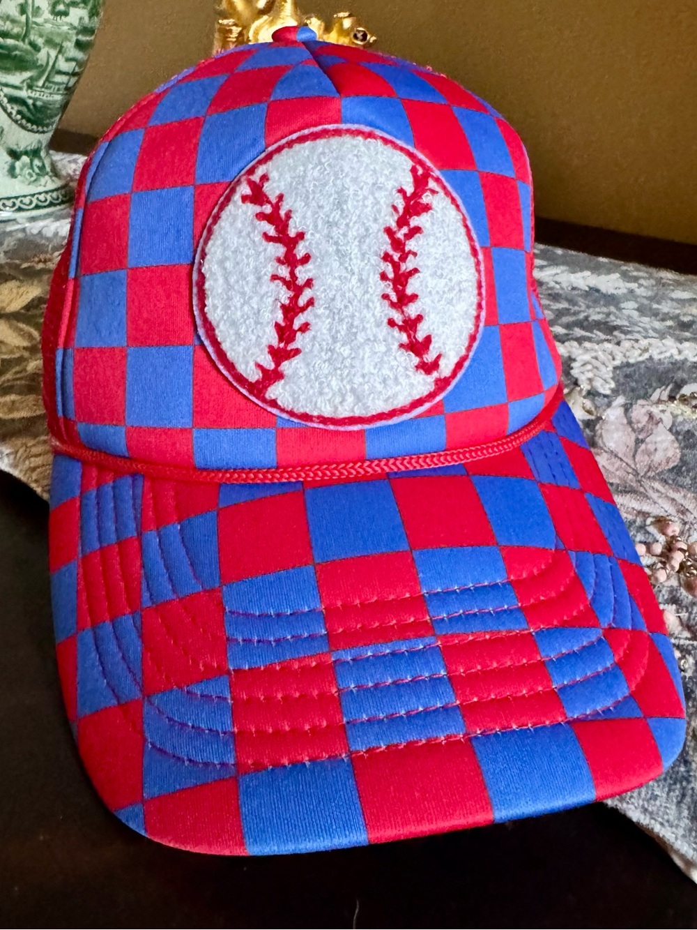 Checkered Red and Blue Baseball Cap with Baseball Patch